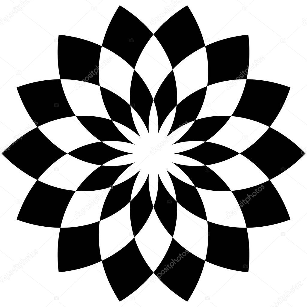 Geometric flower shape with alternating petals. Radial, radiating circular lotus shape vector illustration