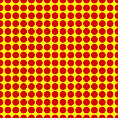 Popart, noktacı-noktacı-noktacılık kusursuz kırmızı, sarı daireler, noktalar, noktalı desen, çember arka plan. Vektör