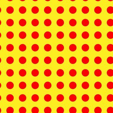 Popart, noktacı-noktacı-noktacılık kusursuz kırmızı, sarı daireler, noktalar, noktalı desen, çember arka plan. Vektör