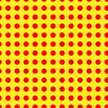 Popart, noktacı-noktacı-noktacılık kusursuz kırmızı, sarı daireler, noktalar, noktalı desen, çember arka plan. Vektör