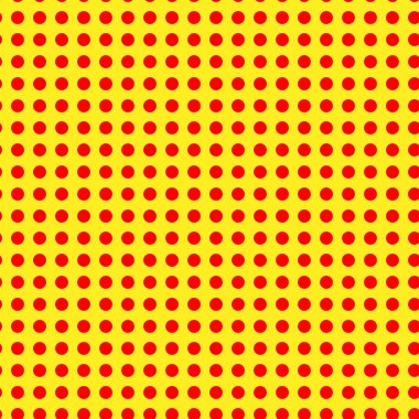 Popart, noktacı-noktacı-noktacılık kusursuz kırmızı, sarı daireler, noktalar, noktalı desen, çember arka plan. Vektör