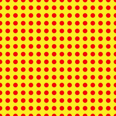 Popart, noktacı-noktacı-noktacılık kusursuz kırmızı, sarı daireler, noktalar, noktalı desen, çember arka plan. Vektör