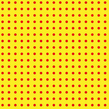 Popart, noktacı-noktacı-noktacılık kusursuz kırmızı, sarı daireler, noktalar, noktalı desen, çember arka plan. Vektör