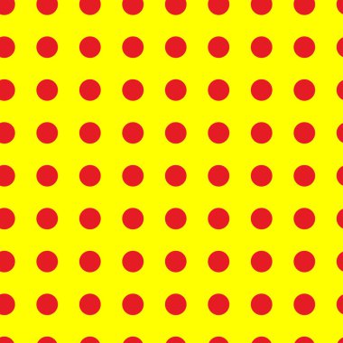 Popart, noktacı-noktacı-noktacılık kusursuz kırmızı, sarı daireler, noktalar, noktalı desen, çember arka plan. Vektör