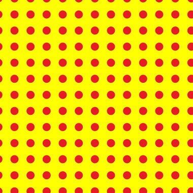 Popart, noktacı-noktacı-noktacılık kusursuz kırmızı, sarı daireler, noktalar, noktalı desen, çember arka plan. Vektör