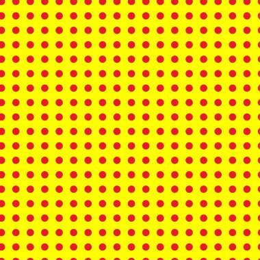Popart, noktacı-noktacı-noktacılık kusursuz kırmızı, sarı daireler, noktalar, noktalı desen, çember arka plan. Vektör