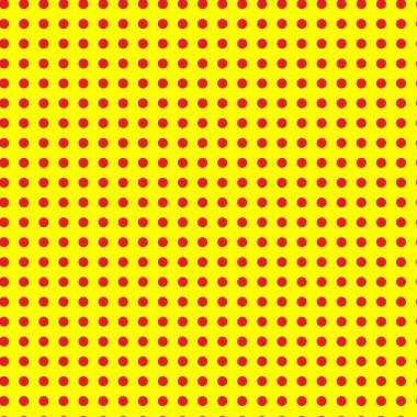 Popart, noktacı-noktacı-noktacılık kusursuz kırmızı, sarı daireler, noktalar, noktalı desen, çember arka plan. Vektör