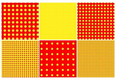 Pop-art, noktacı-noktacı-noktacı-noktacı-noktasız kırmızı, sarı daireler, noktalar, noktalı desen, daireler arka plan. Desen, arkaplan ayarlandı