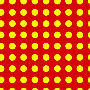 Popart, noktacı-noktacı-noktacılık kusursuz kırmızı, sarı daireler, noktalar, noktalı desen, çember arka plan. Vektör
