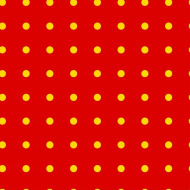 Popart, noktacı-noktacı-noktacılık kusursuz kırmızı, sarı daireler, noktalar, noktalı desen, çember arka plan. Vektör
