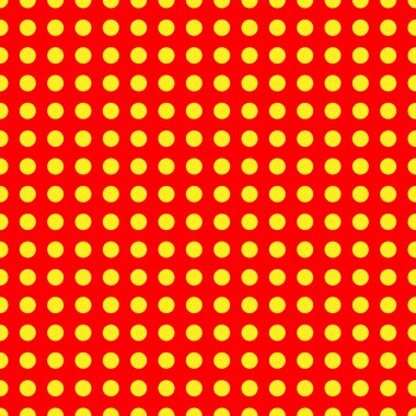 Popart, noktacı-noktacı-noktacılık kusursuz kırmızı, sarı daireler, noktalar, noktalı desen, çember arka plan. Vektör