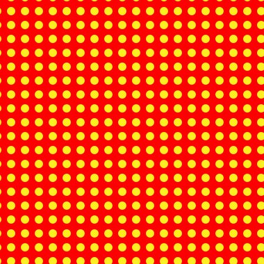 Popart, noktacı-noktacı-noktacılık kusursuz kırmızı, sarı daireler, noktalar, noktalı desen, çember arka plan. Vektör