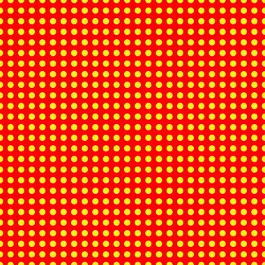Popart, noktacı-noktacı-noktacılık kusursuz kırmızı, sarı daireler, noktalar, noktalı desen, çember arka plan. Vektör