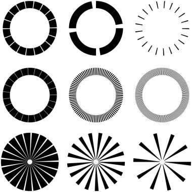Dairesel radyal set, yayılan çizgiler, ışınlar, ışınlar. Geometrik çember vektör çizimi. Döngüsel konsantrasyon deseni