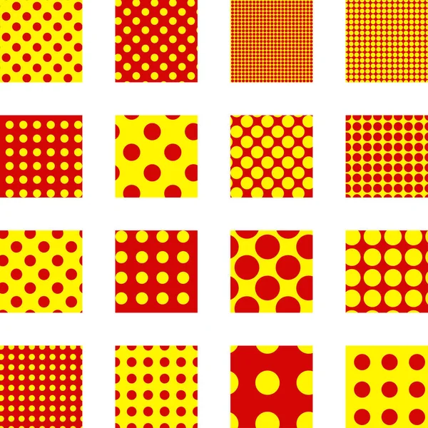 ポップアート ポインティリスト ポインティシズムシームレスな赤 黄色の円 ドット 点線のパターン 円の背景 パターン 背景セット — ストックベクタ