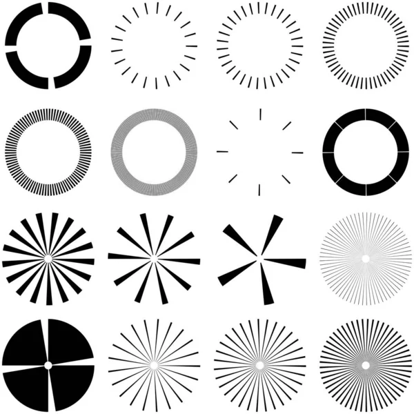 Conjunto Líneas Radiales Circulares Radiantes Haces Rayos Ilustración Vectores Geométricos — Vector de stock