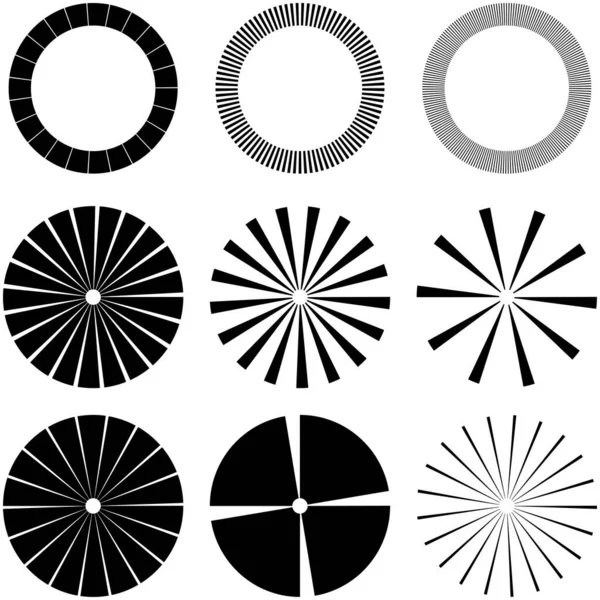 Conjunto Líneas Radiales Circulares Radiantes Haces Rayos Ilustración Vectores Geométricos — Archivo Imágenes Vectoriales