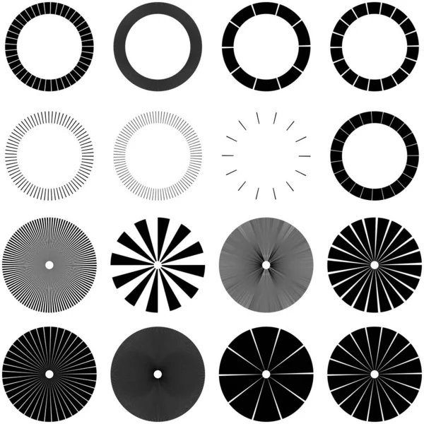 Conjunto Líneas Radiales Circulares Radiantes Haces Rayos Ilustración Vectores Geométricos — Vector de stock