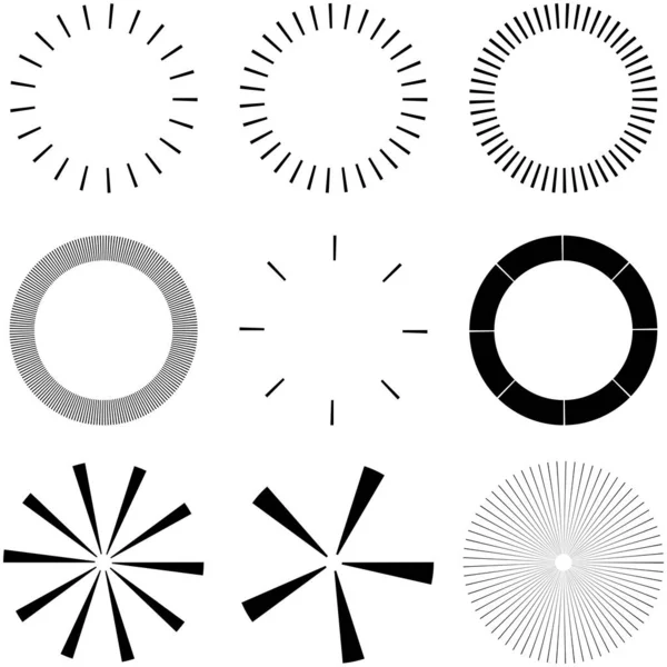 Set Von Kreisförmigen Radialen Abstrahlenden Linien Strahlen Strahlen Geometrische Kreisvektordarstellung — Stockvektor