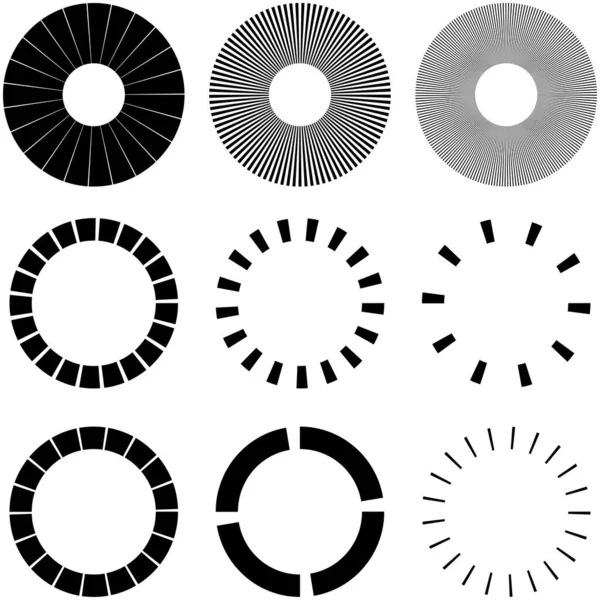 円形の放射線 放射線 ビーム 光線のセット 幾何学的円ベクトル図 環状ループ同心円状パターン — ストックベクタ