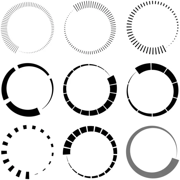 Conjunto Líneas Radiales Circulares Radiantes Haces Rayos Ilustración Vectores Geométricos — Archivo Imágenes Vectoriales