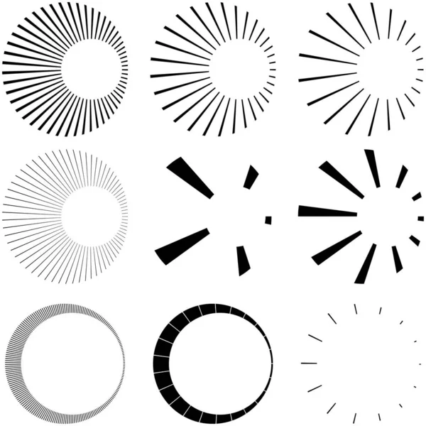 円形の放射線 放射線 ビーム 光線のセット 幾何学的円ベクトル図 環状ループ同心円状パターン — ストックベクタ