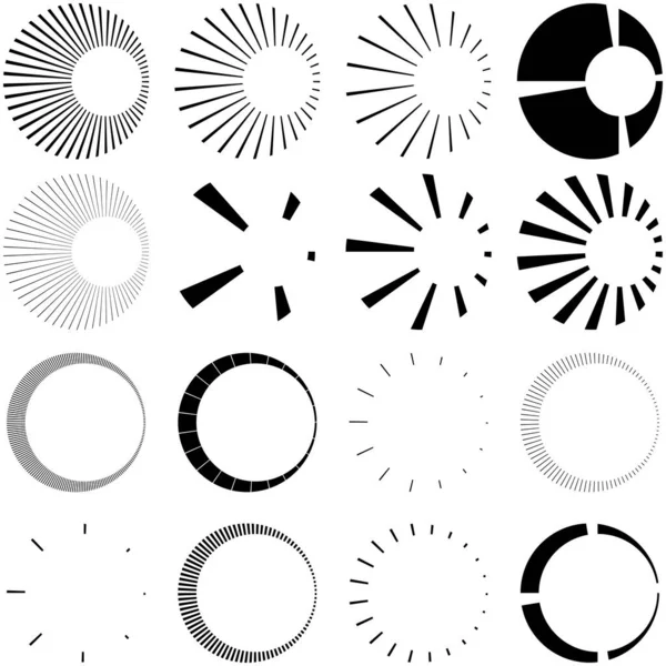 Set Von Kreisförmigen Radialen Abstrahlenden Linien Strahlen Strahlen Geometrische Kreisvektordarstellung — Stockvektor