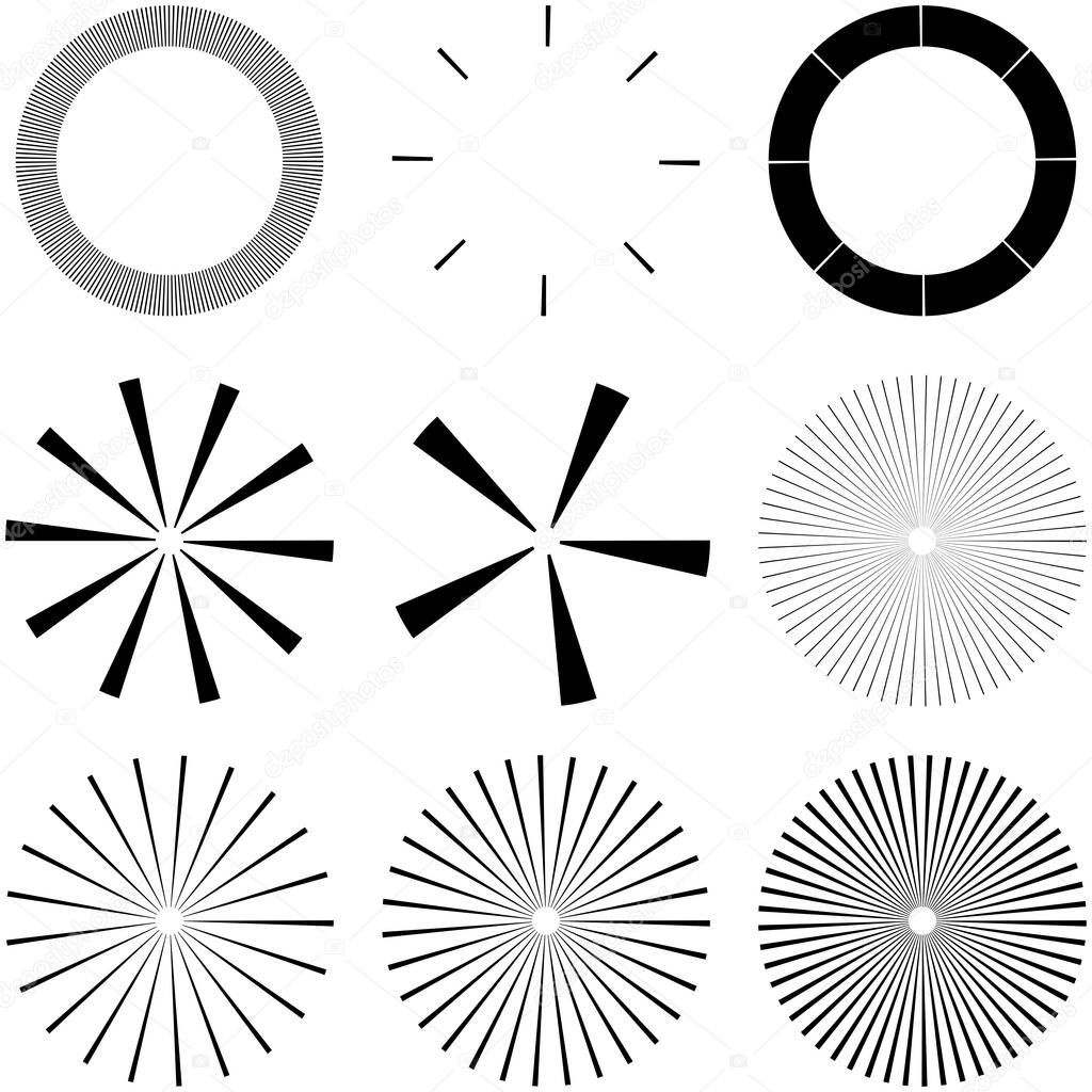 Set of Circular radial, radiating lines, beams, rays. Geometric circle vector illustration. Cyclic loop concentric pattern