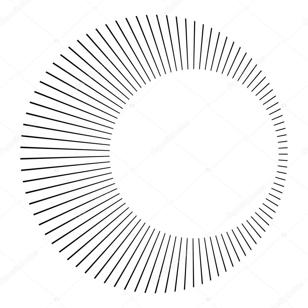 Circular radial, radiating lines, beams, rays. Geometric circle vector illustration. Cyclic loop concentric pattern