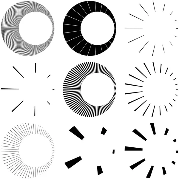 Set Von Kreisförmigen Radialen Abstrahlenden Linien Strahlen Strahlen Geometrische Kreisvektordarstellung — Stockvektor