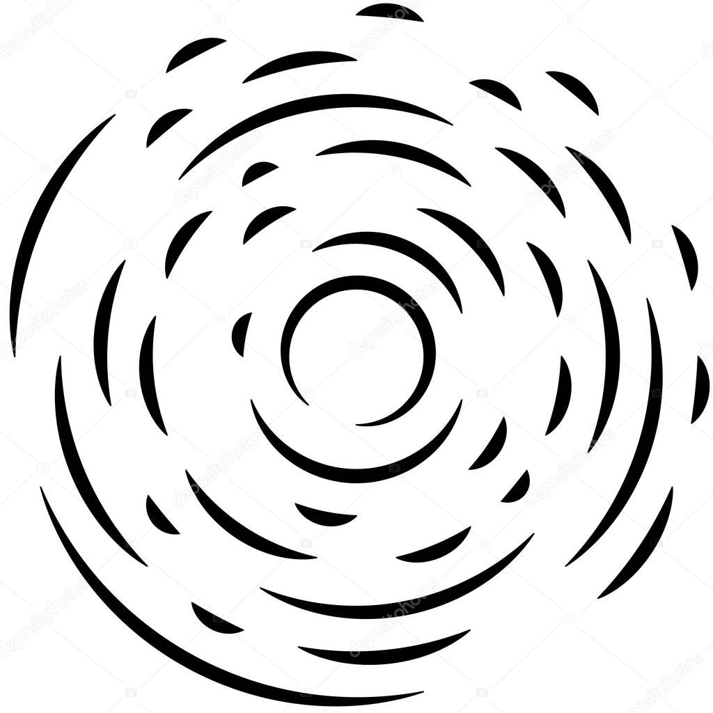 Radial, radiating lines abstract burst element. Concentric whirligig volute, helix spreading stripes. Circular, cyclic strips, streaks circle shape.Twist, spiral and rotation,loop concept illustration