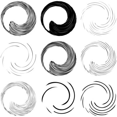Dairesel sarmal, girdap, dönme tasarım elementi. Eş merkezli, radyal ve yayılan çizgiler dönüş, girdap ve eğri büğrü