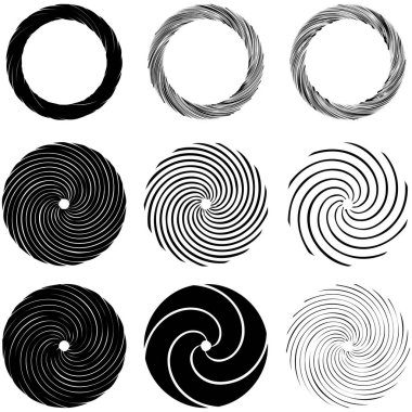 Dairesel sarmal, girdap, dönme tasarım elementi. Eş merkezli, radyal ve yayılan çizgiler dönüş, girdap ve eğri büğrü