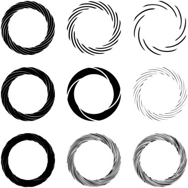 Dairesel sarmal, girdap, dönme tasarım elementi. Eş merkezli, radyal ve yayılan çizgiler dönüş, girdap ve eğri büğrü