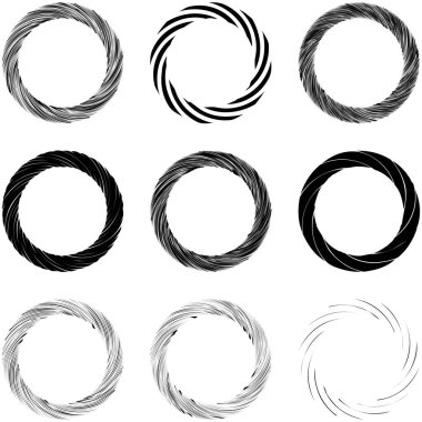 Dairesel sarmal, girdap, dönme tasarım elementi. Eş merkezli, radyal ve yayılan çizgiler dönüş, girdap ve eğri büğrü