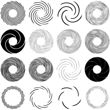 Dairesel sarmal, girdap, dönme tasarım elementi. Eş merkezli, radyal ve yayılan çizgiler dönüş, girdap ve eğri büğrü