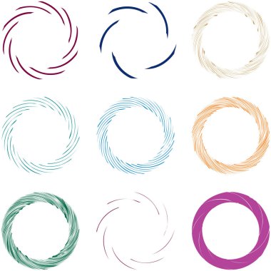 Dairesel sarmal, girdap, dönme tasarım elementi. Eş merkezli, radyal ve yayılan çizgiler dönüş, girdap ve eğri büğrü