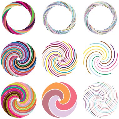 Dairesel sarmal, girdap, dönme tasarım elementi. Eş merkezli, radyal ve yayılan çizgiler dönüş, girdap ve eğri büğrü