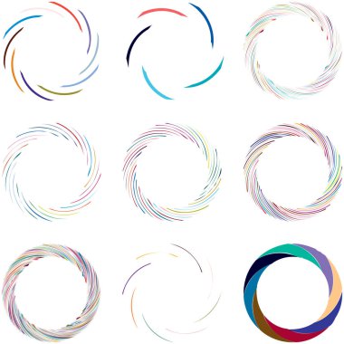 Dairesel sarmal, girdap, dönme tasarım elementi. Eş merkezli, radyal ve yayılan çizgiler dönüş, girdap ve eğri büğrü