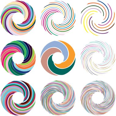 Dairesel sarmal, girdap, dönme tasarım elementi. Eş merkezli, radyal ve yayılan çizgiler dönüş, girdap ve eğri büğrü