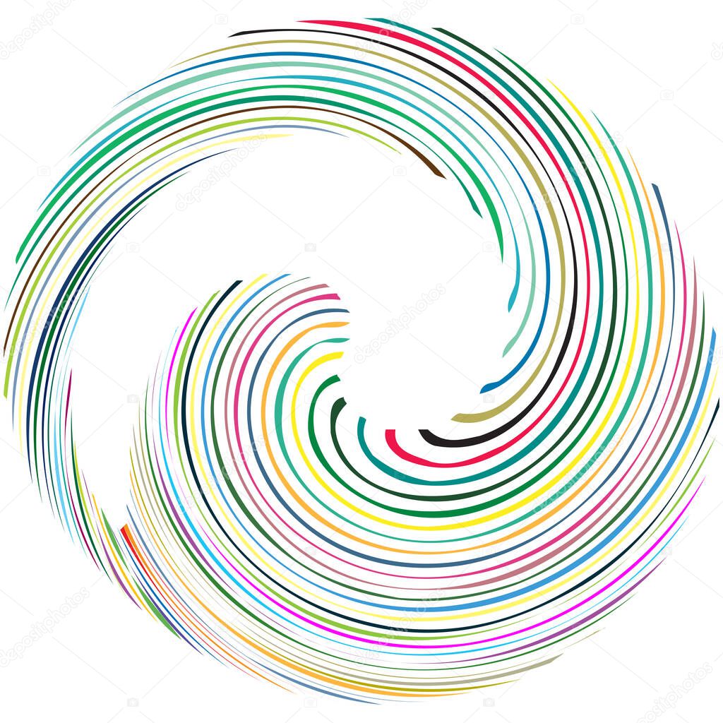 Circular Spiral, swirl, twirl design element. Concentric, radial and radiating burst of lines with rotation, gyre and curved distortion