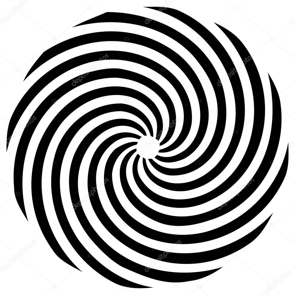 Circular Spiral, swirl, twirl design element. Concentric, radial and radiating burst of lines with rotation, gyre and curved distortion