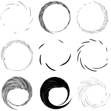 Dairesel sarmal, girdap, dönme tasarım elementi. Eş merkezli, radyal ve yayılan çizgiler dönüş, girdap ve eğri büğrü