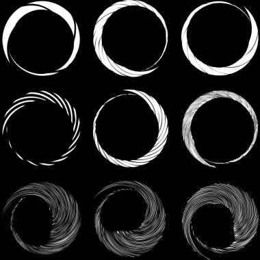 Dairesel sarmal, girdap, dönme tasarım elementi. Eş merkezli, radyal ve yayılan çizgiler dönüş, girdap ve eğri büğrü