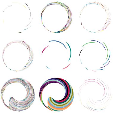 Dairesel sarmal, girdap, dönme tasarım elementi. Eş merkezli, radyal ve yayılan çizgiler dönüş, girdap ve eğri büğrü