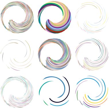 Dairesel sarmal, girdap, dönme tasarım elementi. Eş merkezli, radyal ve yayılan çizgiler dönüş, girdap ve eğri büğrü