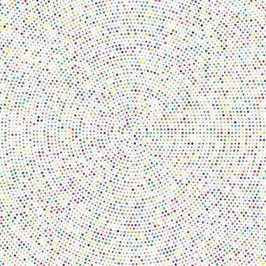 Rastgele renkli daireler, yarım ton (yarım ton) spiral, dairesel ve radyal şekildeki noktalar. Girdap, kıvrım, dönüş deseninde noktalar. Renk benekleri, çiller, benekler. Vektör illüstrasyonu