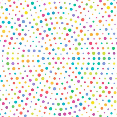 Rastgele renkli daireler, yarım ton (yarım ton) spiral, dairesel ve radyal şekildeki noktalar. Girdap, kıvrım, dönüş deseninde noktalar. Renk benekleri, çiller, benekler. Vektör illüstrasyonu