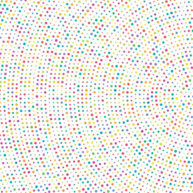 Rastgele renkli daireler, yarım ton (yarım ton) spiral, dairesel ve radyal şekildeki noktalar. Girdap, kıvrım, dönüş deseninde noktalar. Renk benekleri, çiller, benekler. Vektör illüstrasyonu