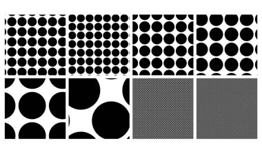 Siyah beyaz daireler, noktalar, noktalar belirlendi. Tek renkli noktalama, noktalama, yarım tonlu arka plan seti. Vektör